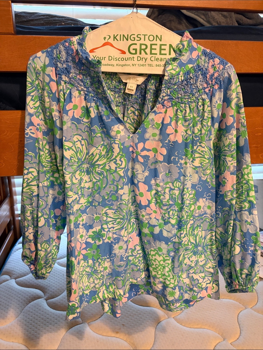 Lilly Pulitzer Floral Smocked V-Neck Blouse - Blue, Pink & Green